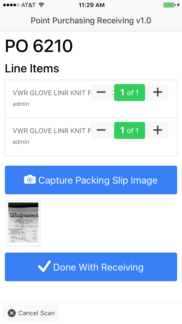 Point Purchasing Receiving App screenshot
