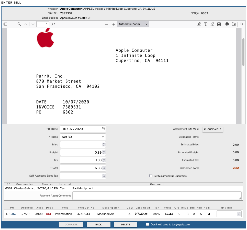 Point Purchasing screenshot of vendor bill voucher